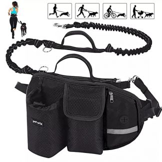 Hands Free Dog Running Lead with Wide Back Support Belt, Adjustable Waistband, Multiple Compartments, Dual Handles and Bungee Leads with Reflective Stitching (Black)